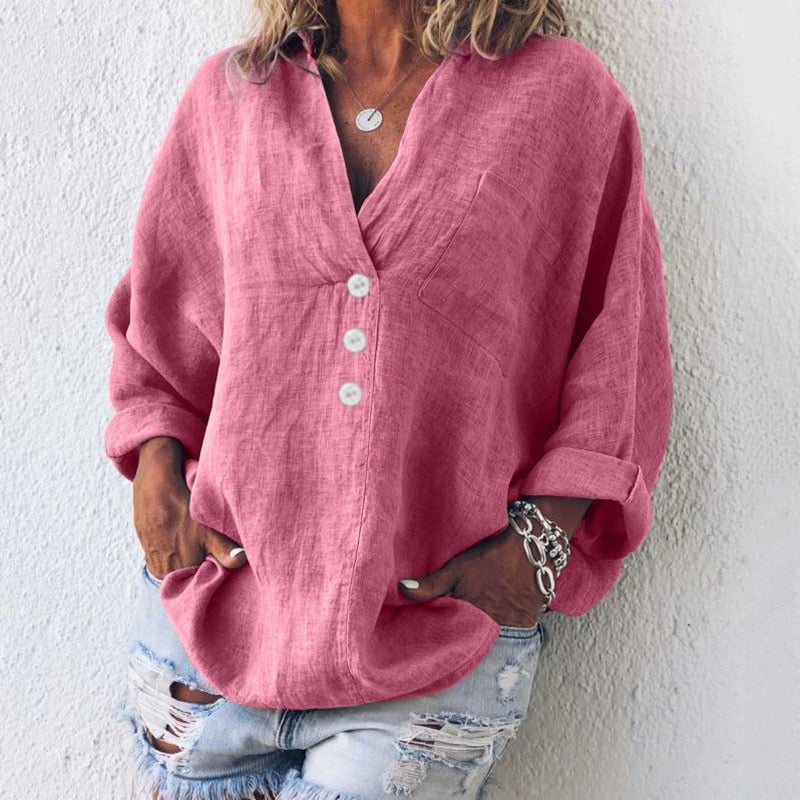 Elegant Urban | Women's Blouse, Oversized Linen Shirt with V-Neck & Button Front 3