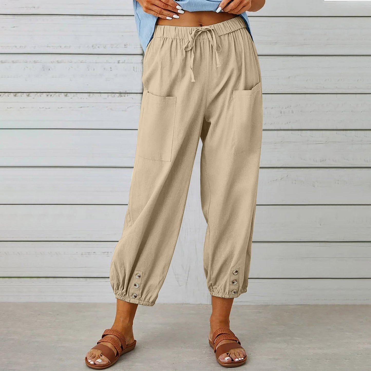 Elegant Urban | Women's Cropped Pants - Cotton Linen Blend with Drawstring Waist 1