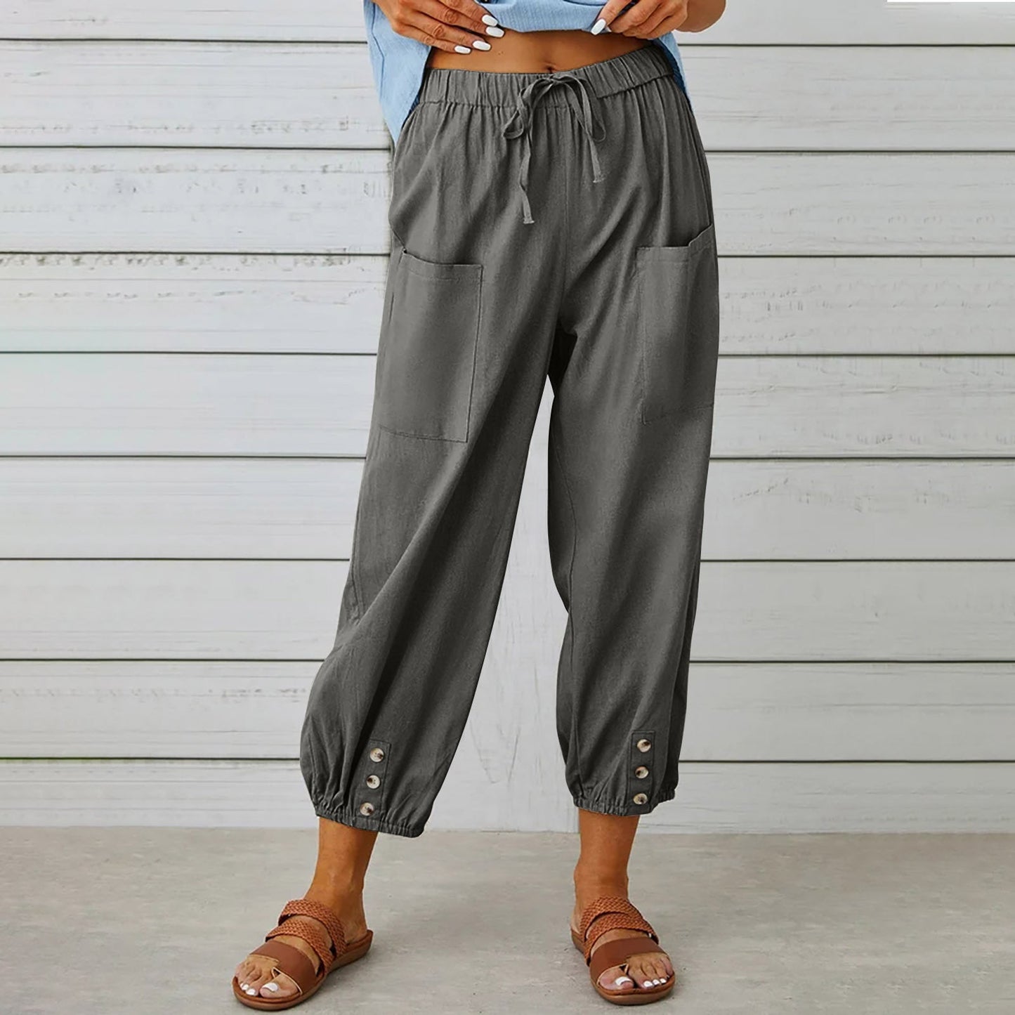 Elegant Urban | Women's Cropped Pants - Cotton Linen Blend with Drawstring Waist 2