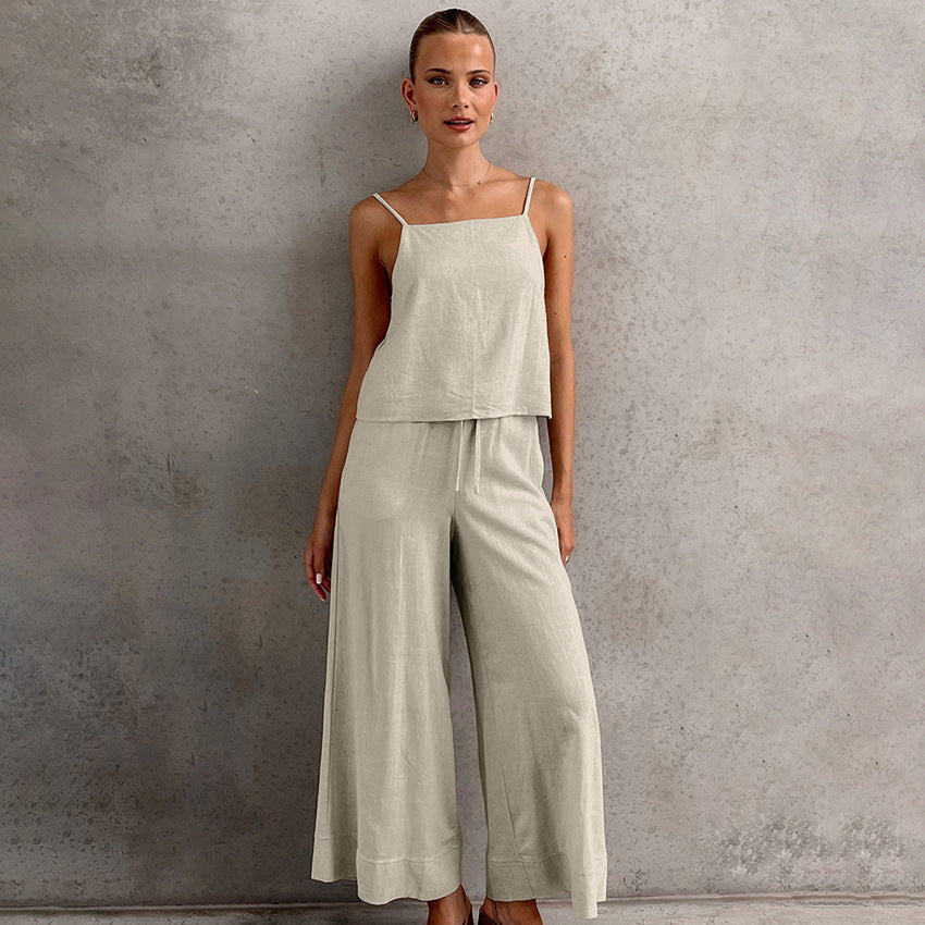 Elegant Urban | Women's Linen Two Piece Set with Spaghetti Strap Top & Wide-Leg Trousers 1