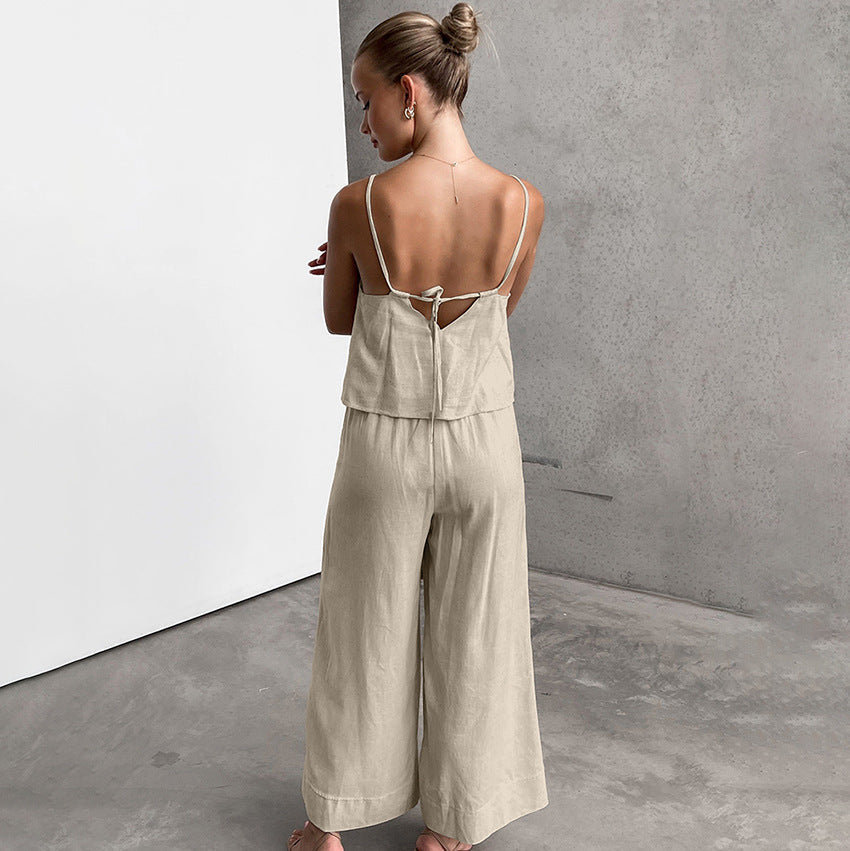 Elegant Urban | Women's Linen Two Piece Set with Spaghetti Strap Top & Wide-Leg Trousers 2
