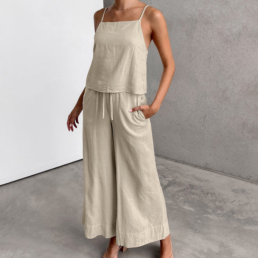Elegant Urban | Women's Linen Two Piece Set with Spaghetti Strap Top & Wide-Leg Trousers 3