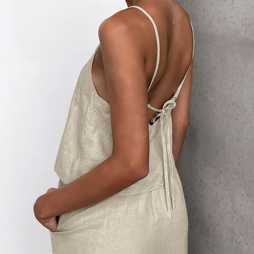 Elegant Urban | Women's Linen Two Piece Set with Spaghetti Strap Top & Wide-Leg Trousers 4