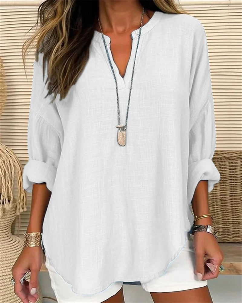 Elegant Urban | Women's Long Sleeve Cotton Linen Blend Shirt with Stand Collar 0