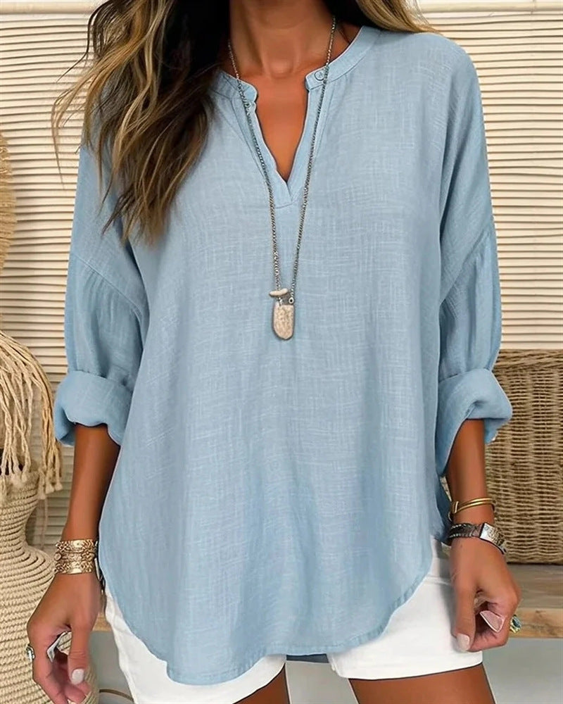 Elegant Urban | Women's Long Sleeve Cotton Linen Blend Shirt with Stand Collar 1