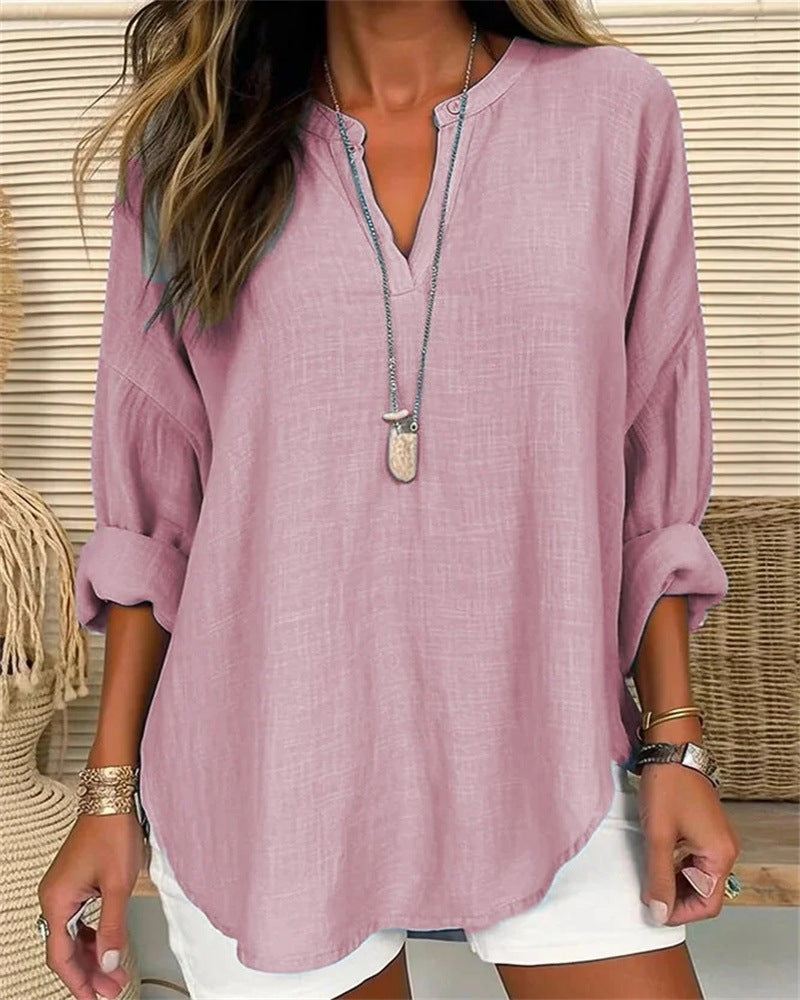 Elegant Urban | Women's Long Sleeve Cotton Linen Blend Shirt with Stand Collar 2