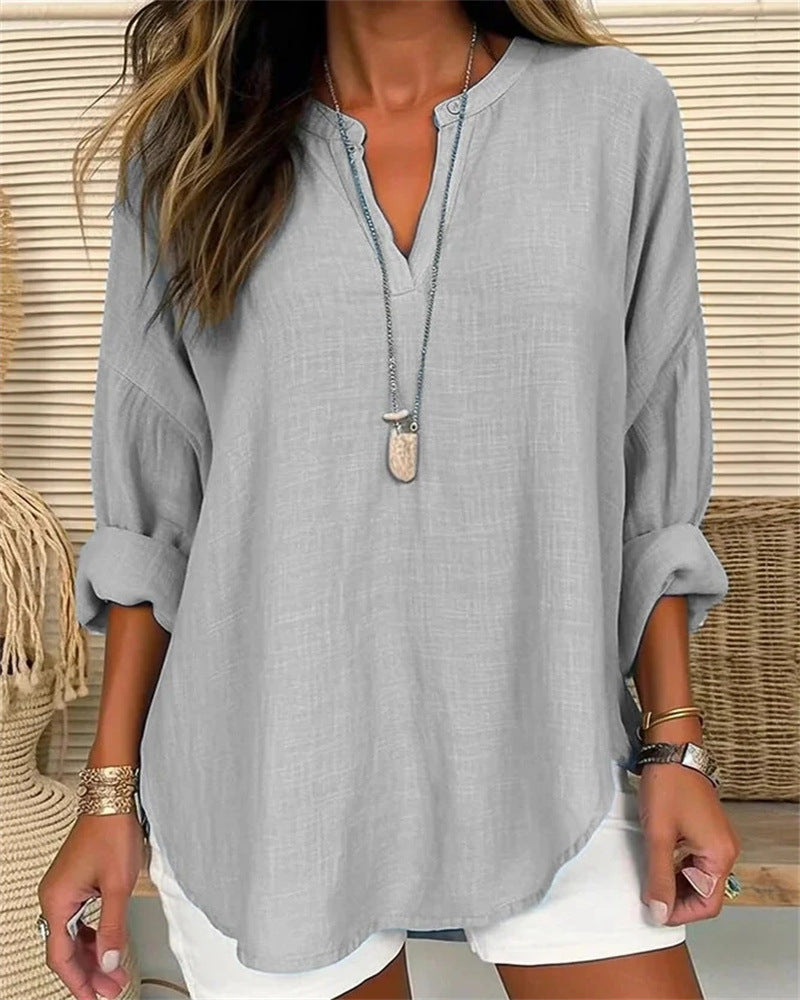 Elegant Urban | Women's Long Sleeve Cotton Linen Blend Shirt with Stand Collar 3