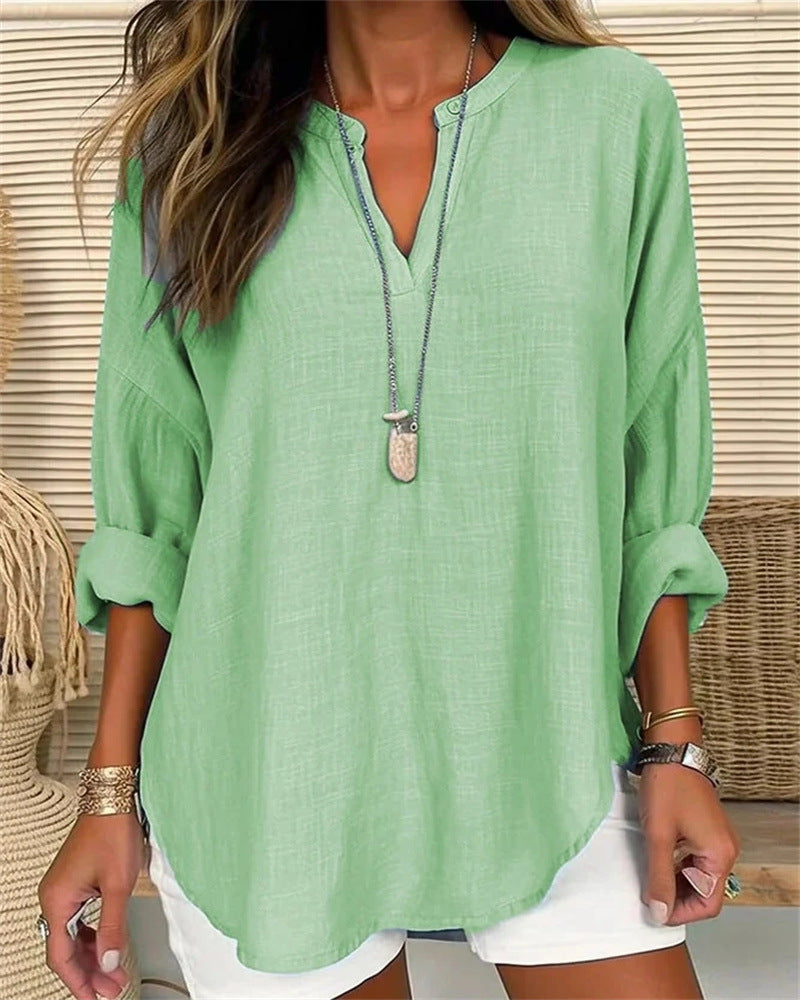 Elegant Urban | Women's Long Sleeve Cotton Linen Blend Shirt with Stand Collar 4