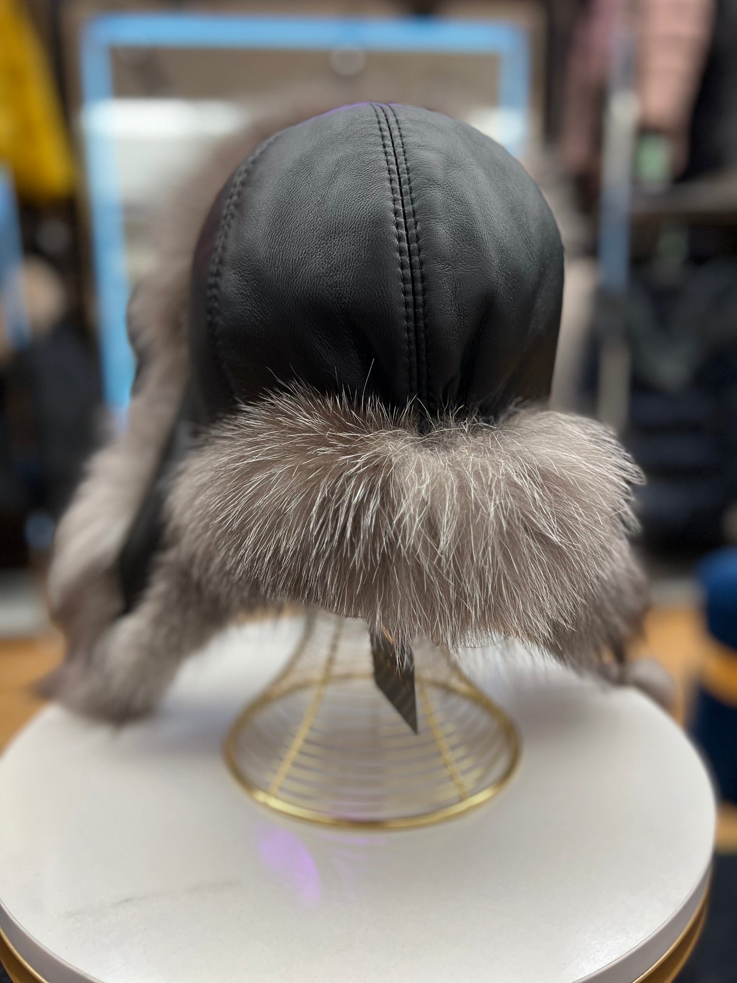 Echt Silberfuchs Pelz Echt Leder Hut