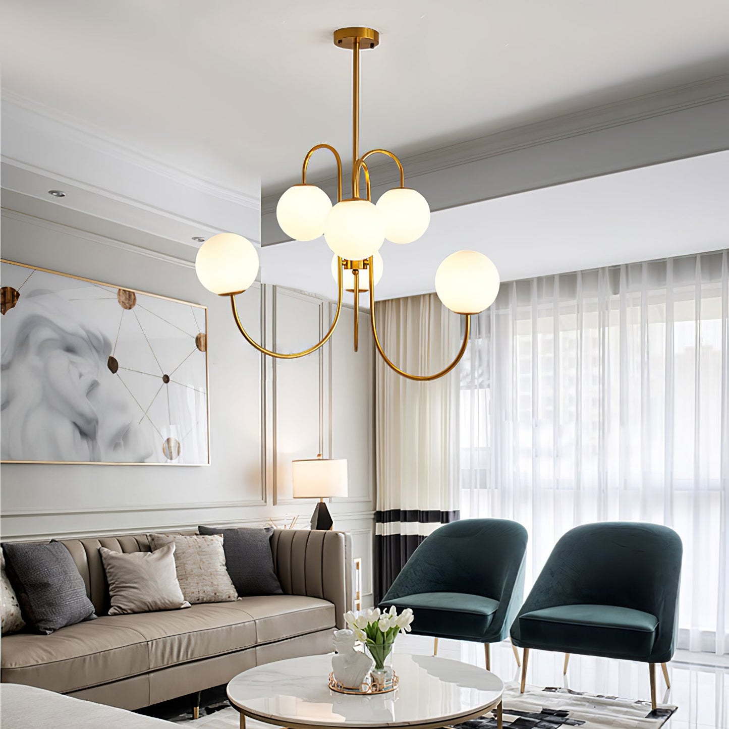 Gooseneck Chandelier | Elegant Wrought Iron with Glass Shades 4