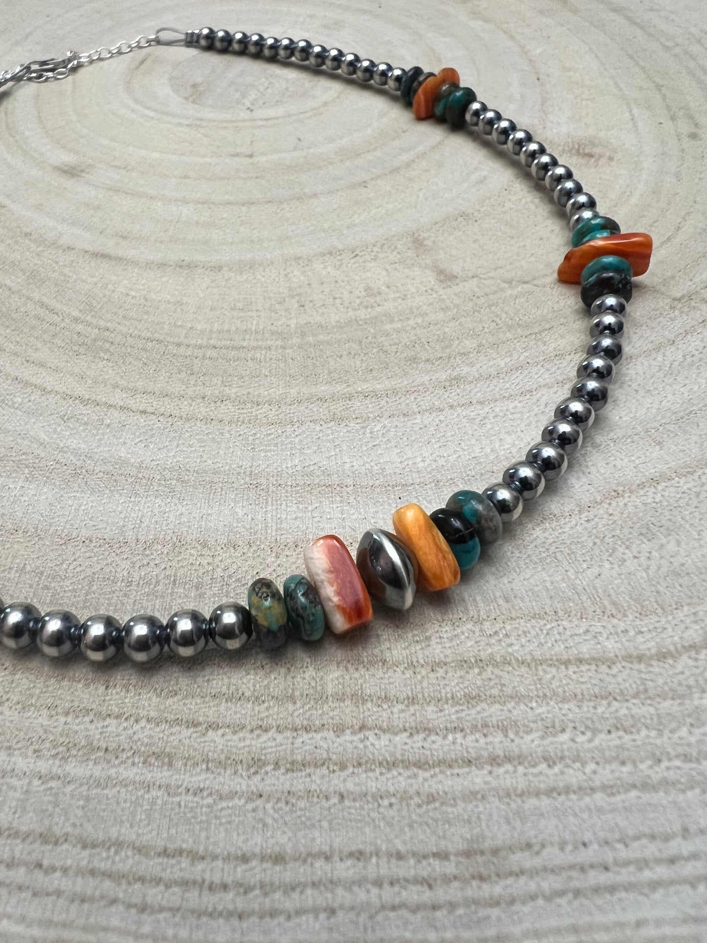 4mm Sterlingsilber Perle und echter Türkis und Stacheliger Choker - 14 Zoll