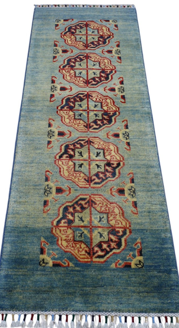 Hand-Knotted Afghani Kazak Wool Rug – 2’1″ x 5’7″