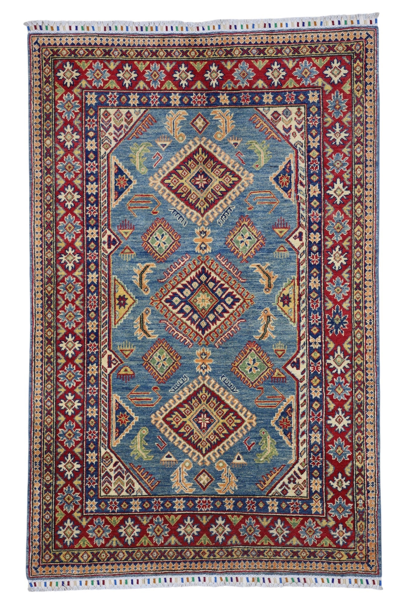Hand-Knotted Afghani Kazak Wool Rug – 4’0″ x 6’1″