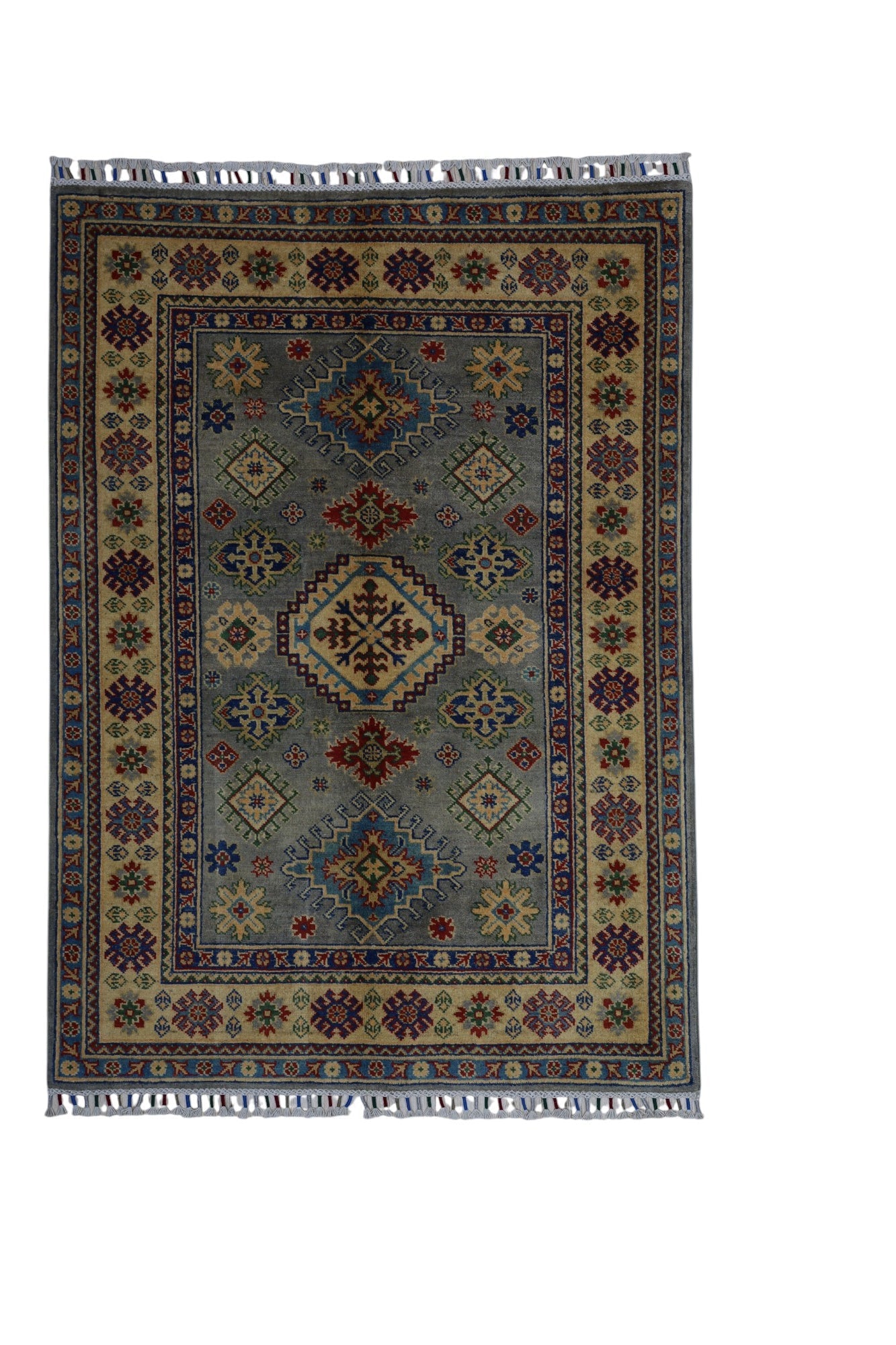 Hand-Knotted Afghani Kazak Wool Rug – 3’11″ x 5’6″