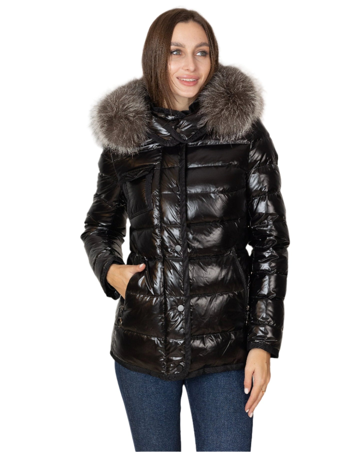 Cappotto leggero imbottito in piuma con pelliccia di volpe argentata autentica