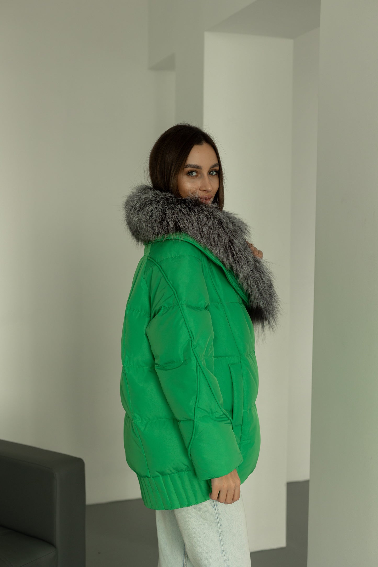 Giacca imbottita in piuma di volpe argentata autentica