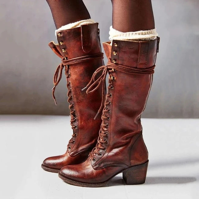Knee High Boots for Women | Stylish PU Leather with Chunky Heel and Laces 4