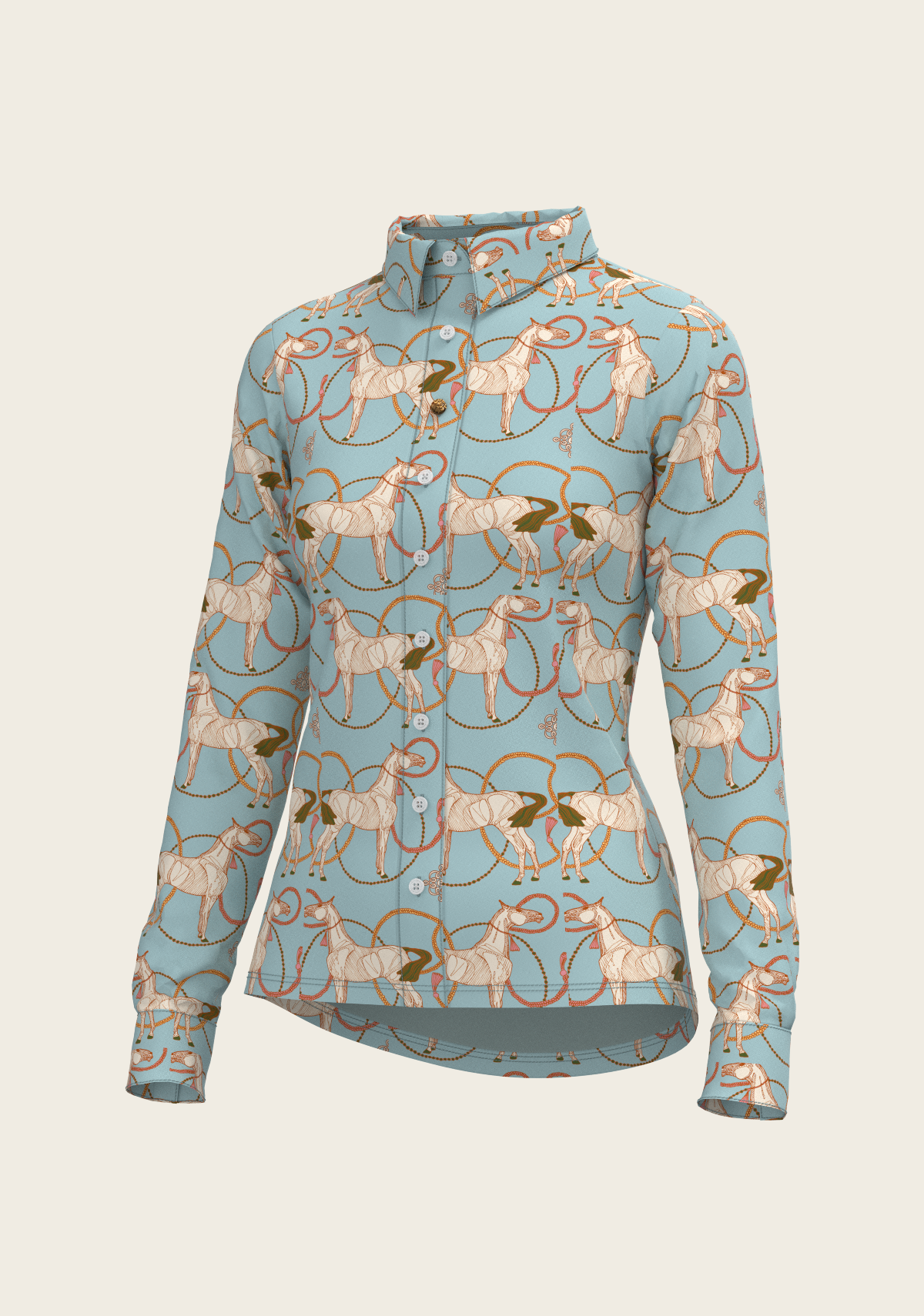 Roped Horses on Sky Blue Ladies Button Shirt