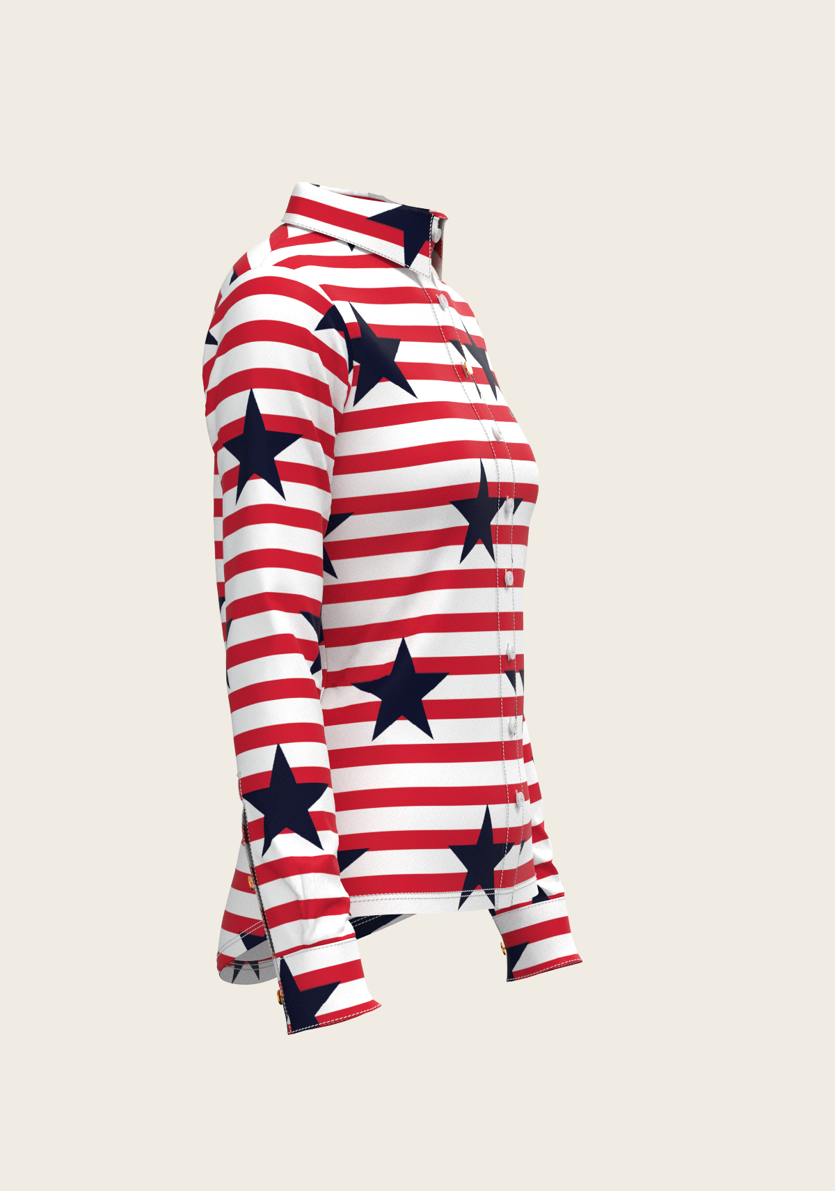 Navy Stars on Red Stripes Ladies Button Shirt