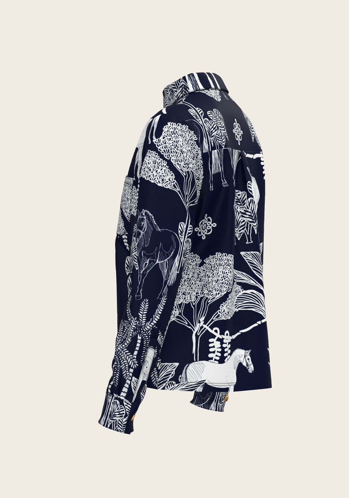Island Horses on Navy Loose Fitting Button Shirt