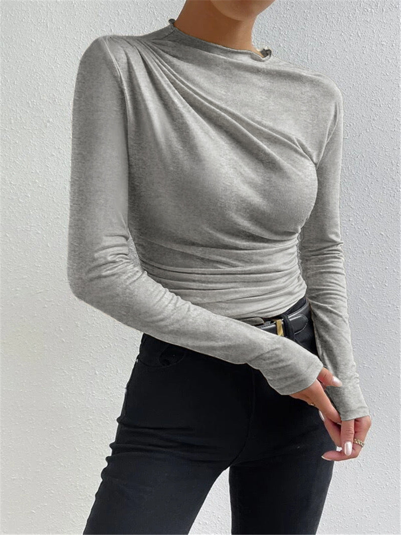 Long Sleeve Pleated Shirt | High Stretch Jersey with Mock Neck Design 1