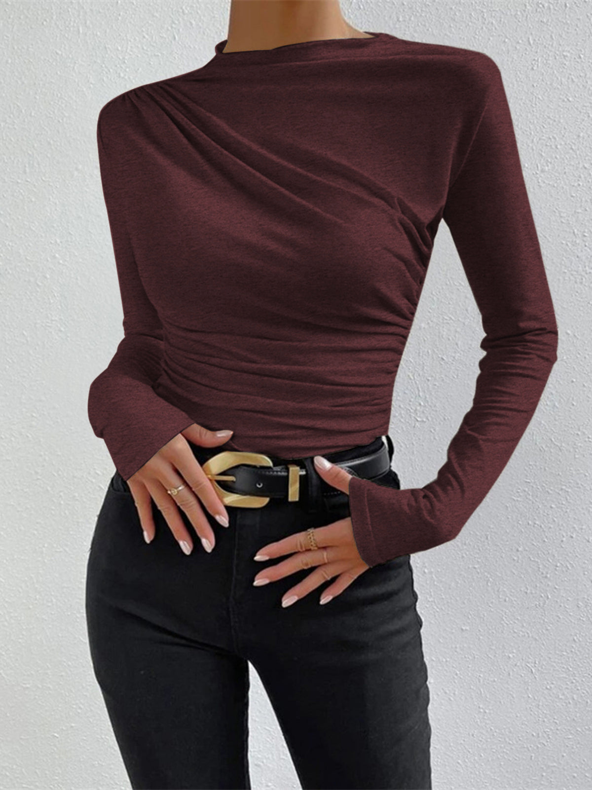 Long Sleeve Pleated Shirt | High Stretch Jersey with Mock Neck Design 10