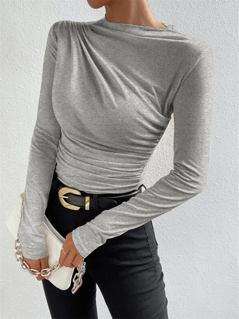 Long Sleeve Pleated Shirt | High Stretch Jersey with Mock Neck Design 2