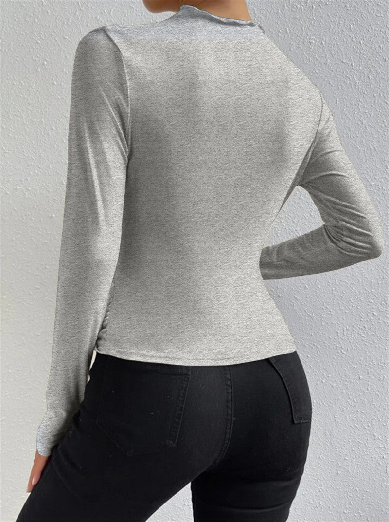 Long Sleeve Pleated Shirt | High Stretch Jersey with Mock Neck Design 3