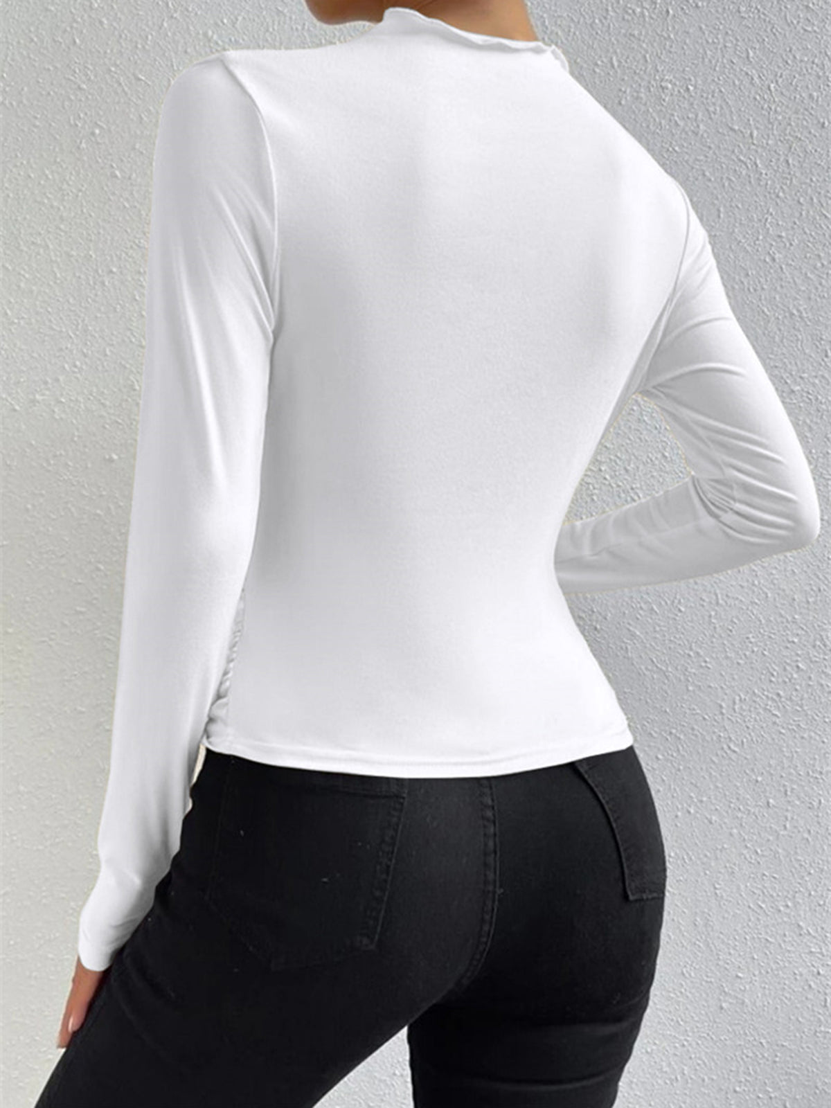 Long Sleeve Pleated Shirt | High Stretch Jersey with Mock Neck Design 6