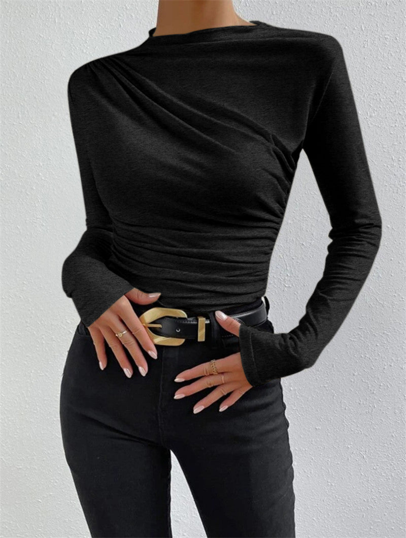 Long Sleeve Pleated Shirt | High Stretch Jersey with Mock Neck Design 7