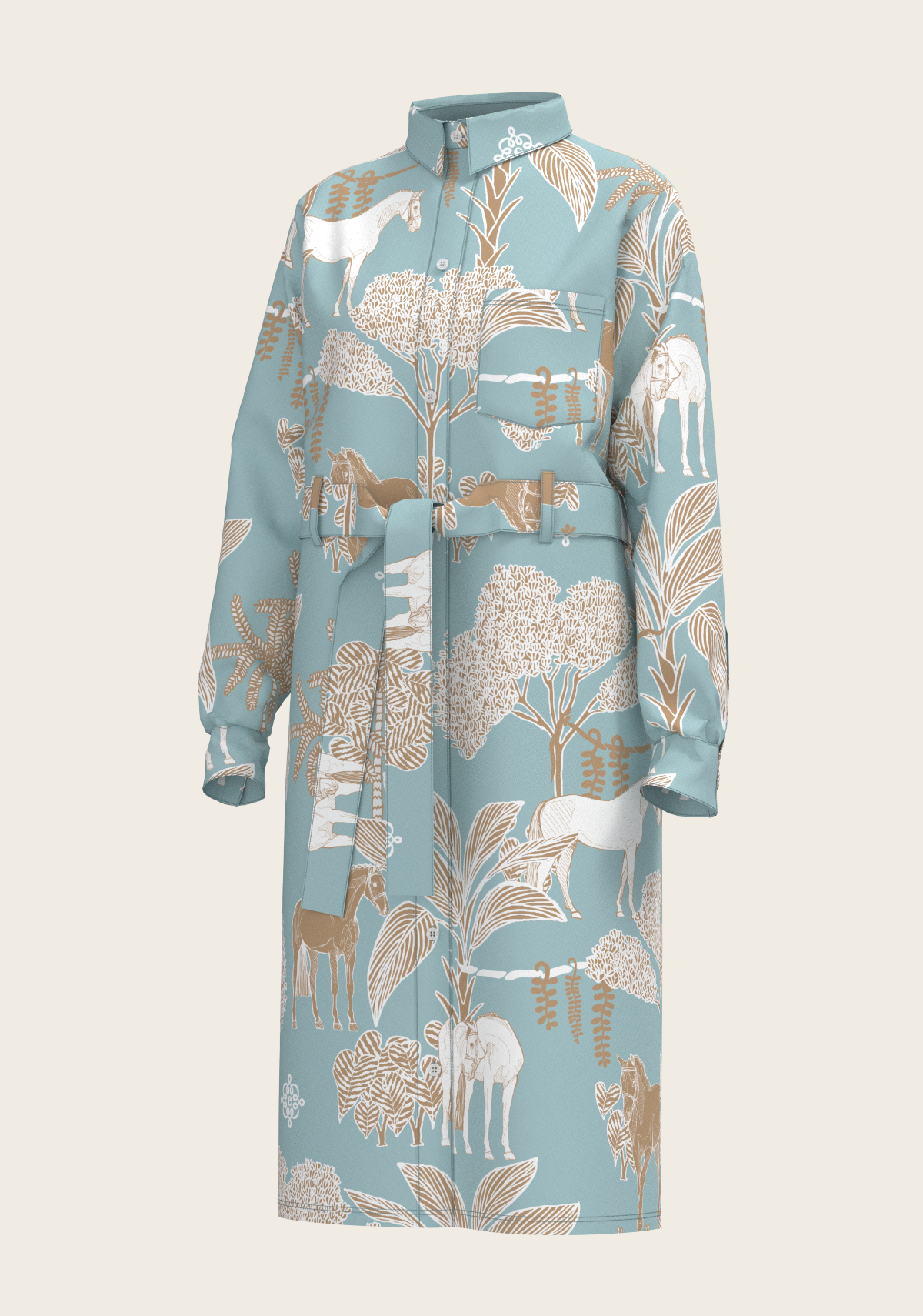 Island Horses on Sky Blue Long Sleeve Shirt Dress