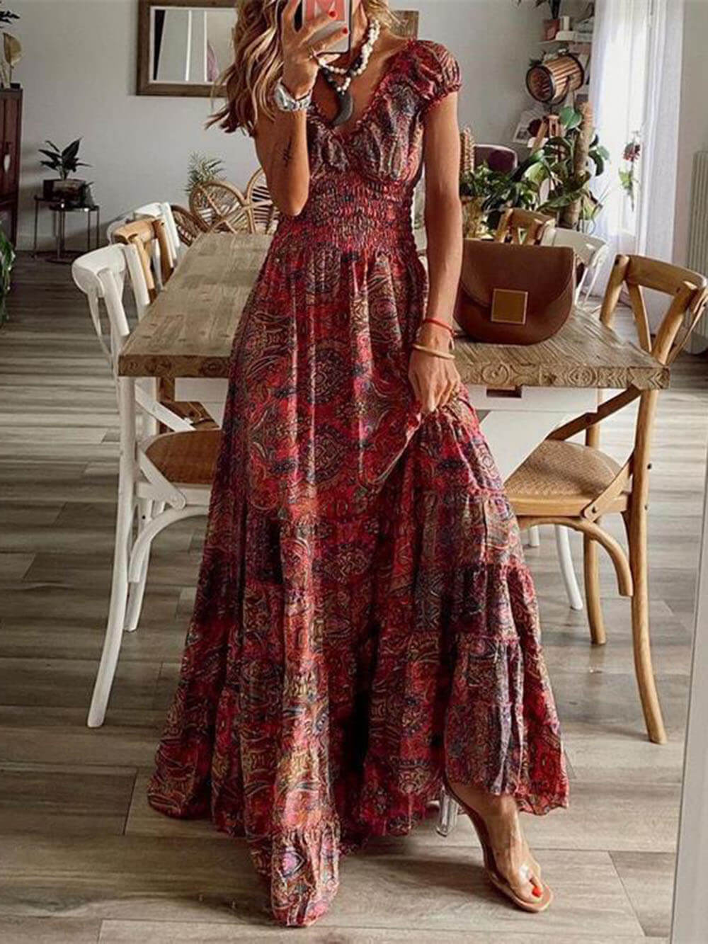 Maxi Dress | Lightweight Boho Style with Smocked Bodice and Puff Sleeves 0