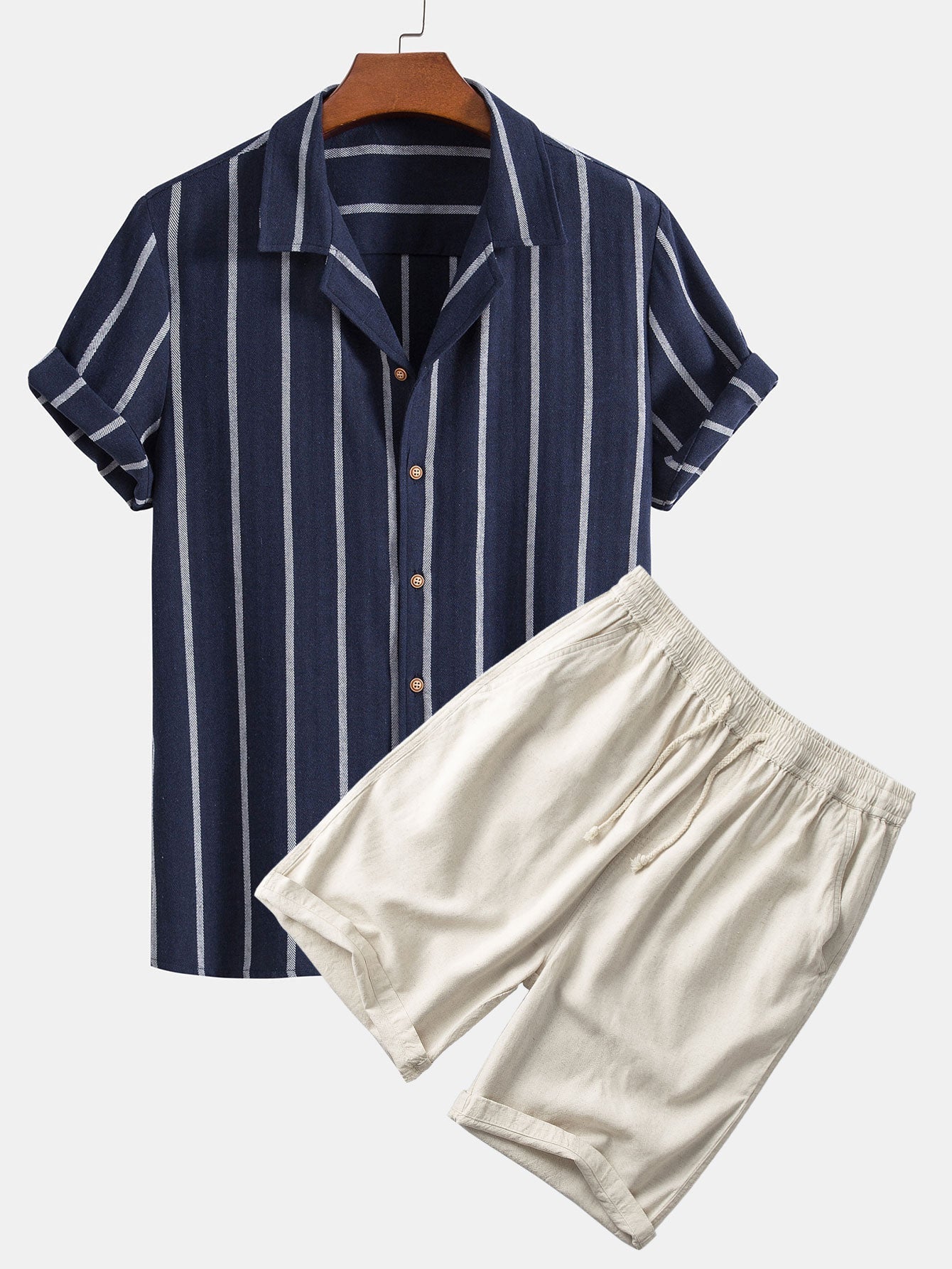 Men's Matching Shirt and Shorts Set | Lightweight Breathable Fabric with Classic Stripes 0