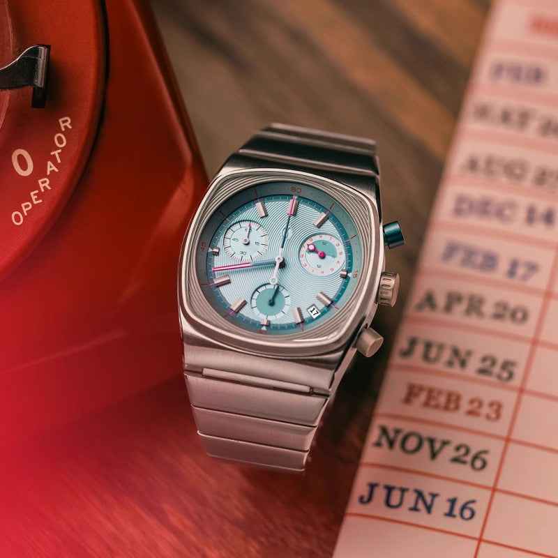 Męski sportowy zegarek mechaniczny - srebrny/czerwony/niebieski stalowy automatyczny
