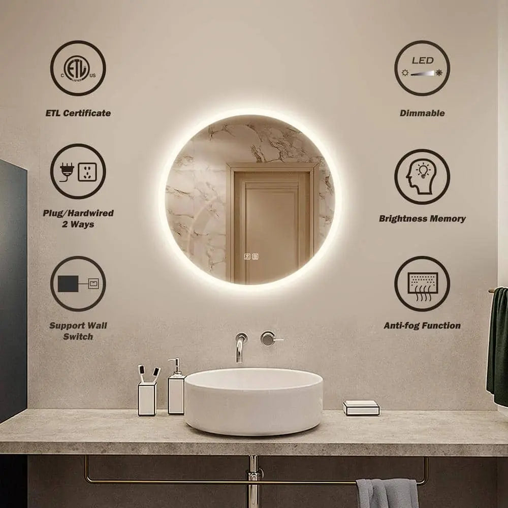 Rund LED-badrumsspegel med dimbara lampor