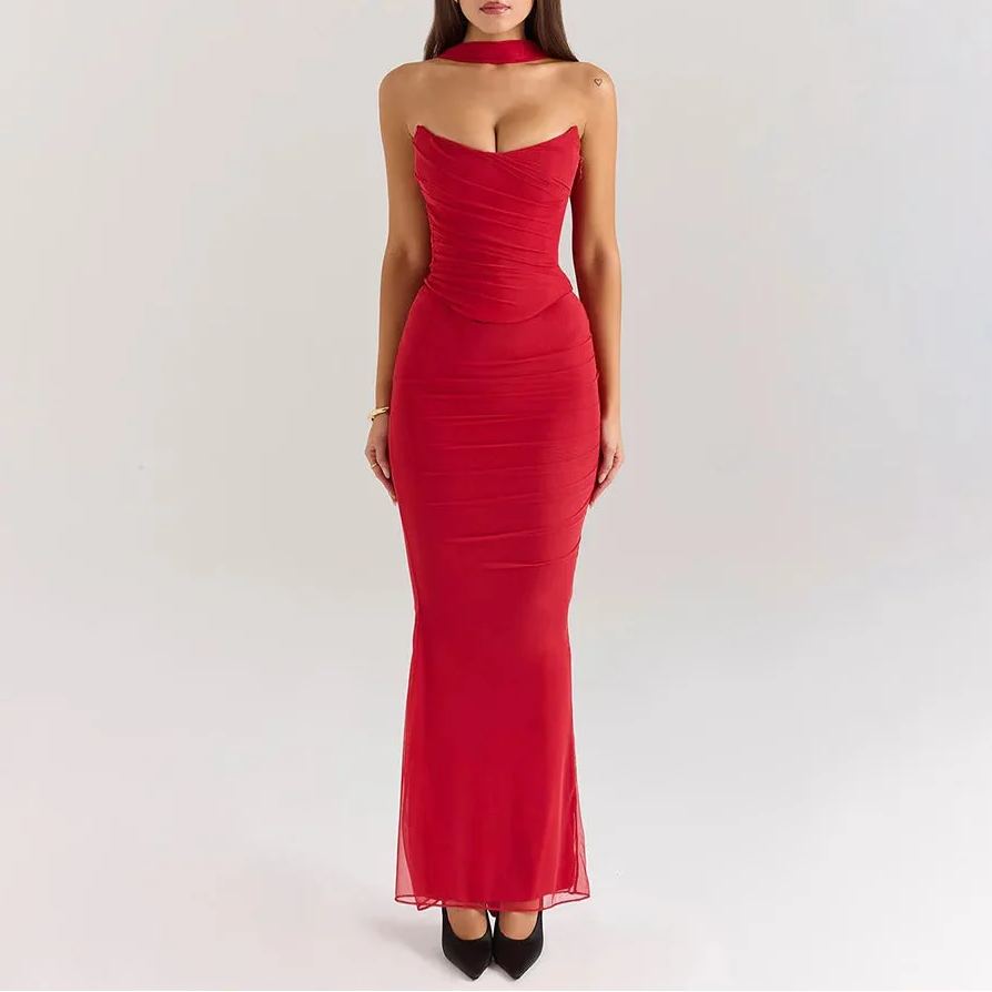Trägerloses, gerafftes zweiteiliges Maxikleid