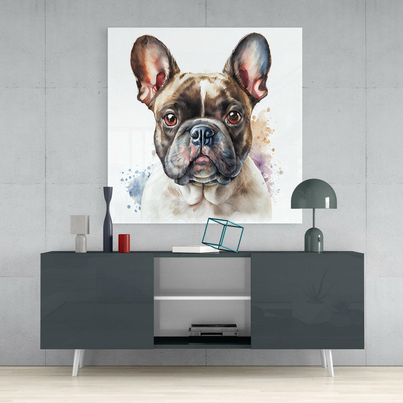Décoration murale en verre à l’aquarelle douce représentant un bouledogue bringé