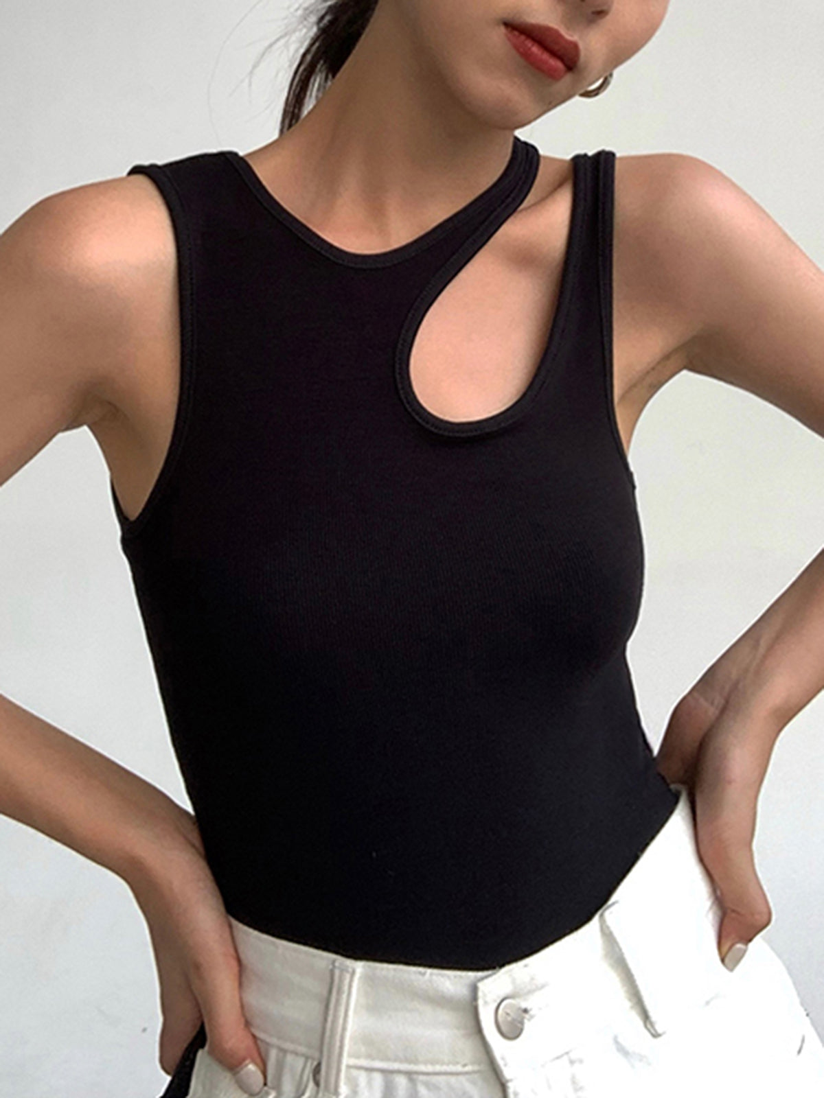Semi-Sheer Cutout Tank Top | Asymmetrical Ribbed Design with Slim Fit 5