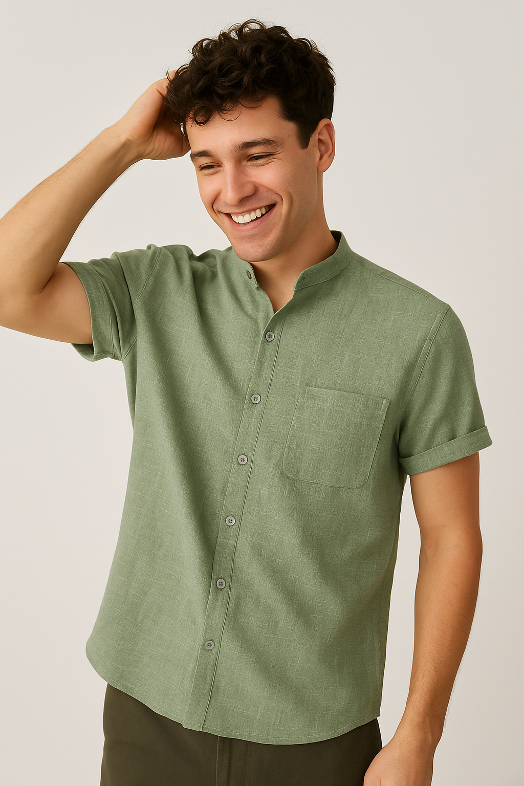 Short Sleeve Men's Shirt | Modern Stand Collar with Chest Pocket 1