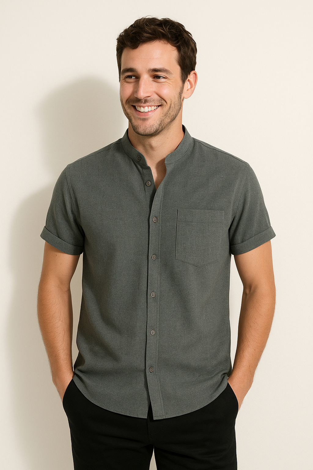 Short Sleeve Men's Shirt | Modern Stand Collar with Chest Pocket 2