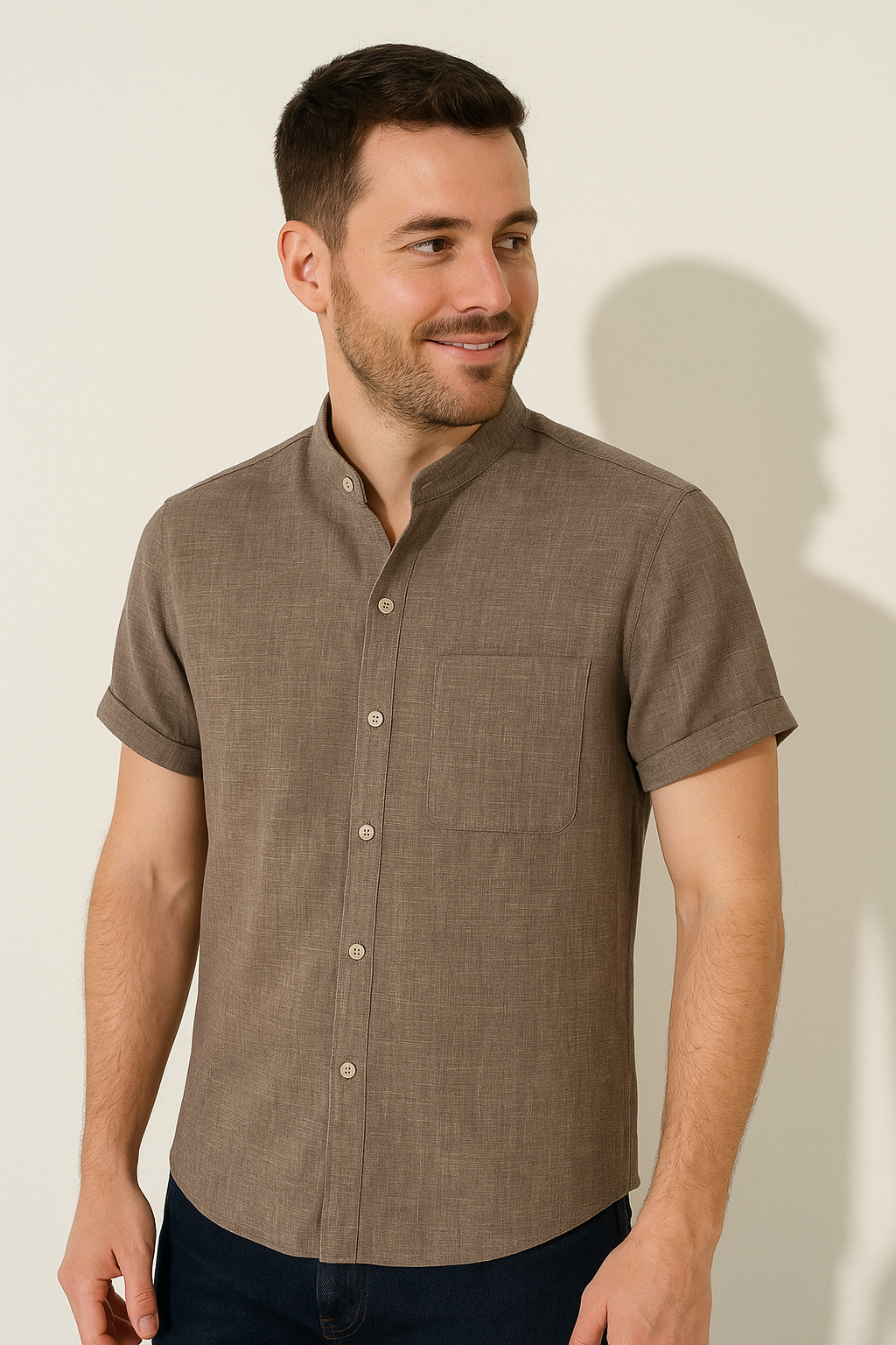 Short Sleeve Men's Shirt | Modern Stand Collar with Chest Pocket 4