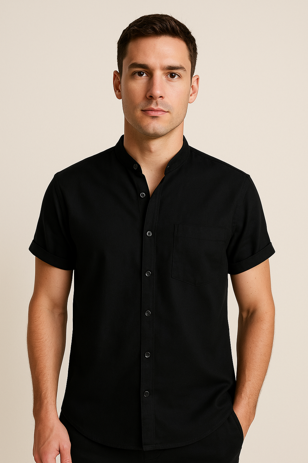 Short Sleeve Men's Shirt | Modern Stand Collar with Chest Pocket 8
