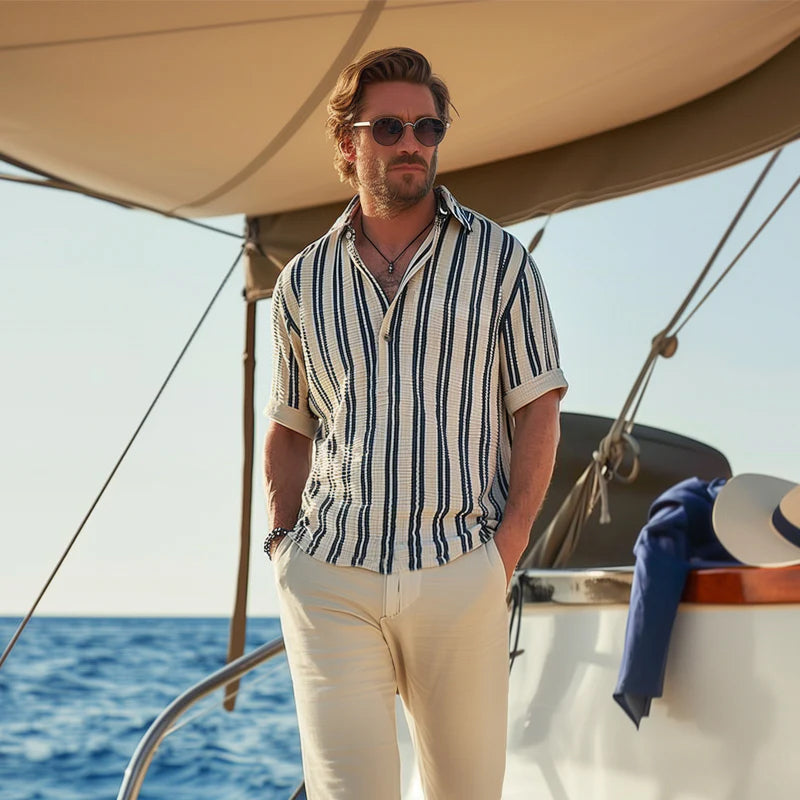 Short Sleeve Striped Shirt | Lightweight Fabric with Classic Collar & Relaxed Fit 1