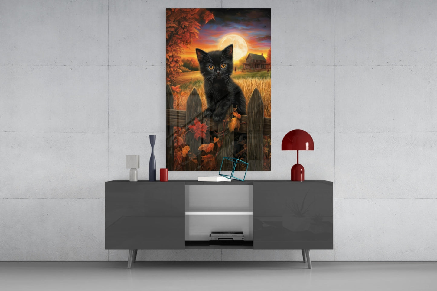 Arte de Pared de Vidrio Gato de Otoño || Colección de Diseñador