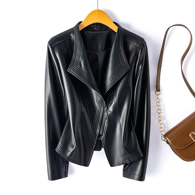 Vegan Leather Jacket | Stylish Wide Lapel with Asymmetrical Zipper 4