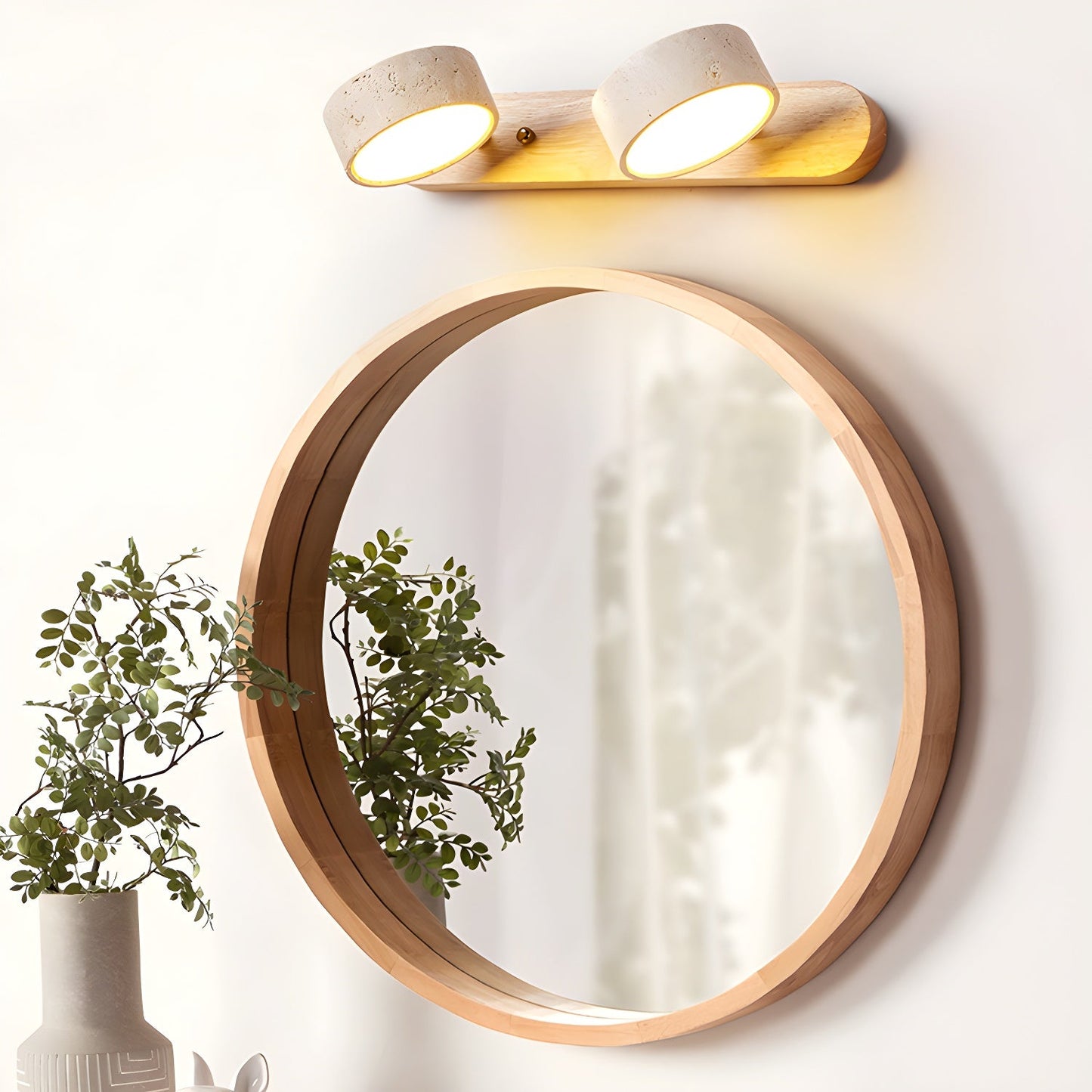 Wall Light Sconces | Dual Light Yellow Travertine and Wood Design 2