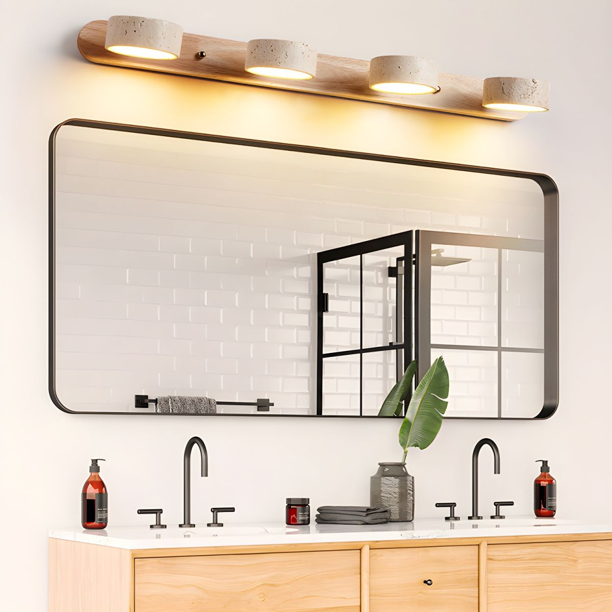 Wall Light Sconces | Dual Light Yellow Travertine and Wood Design 4