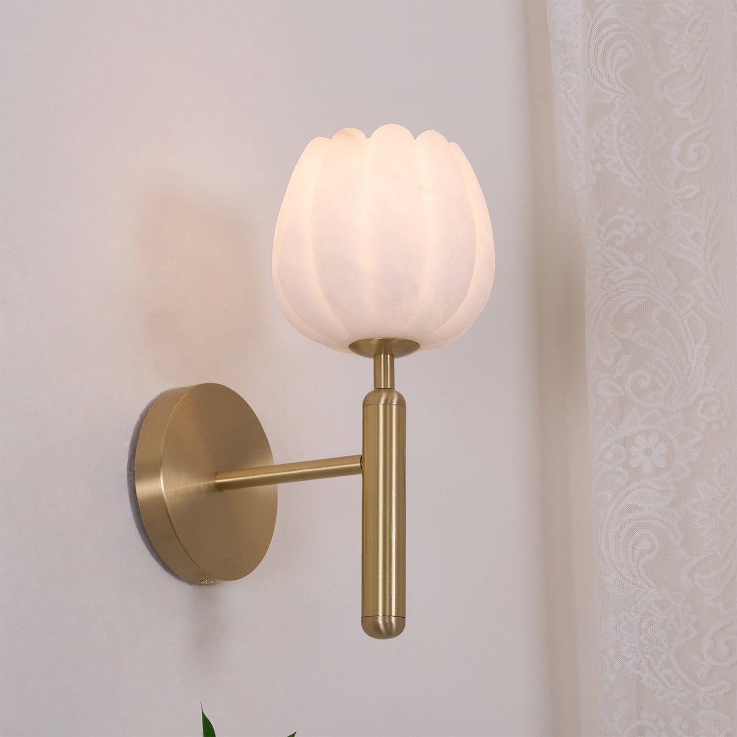 Wall Sconce Lighting | Elegant Brass Design with Alabaster Floral Accents 3