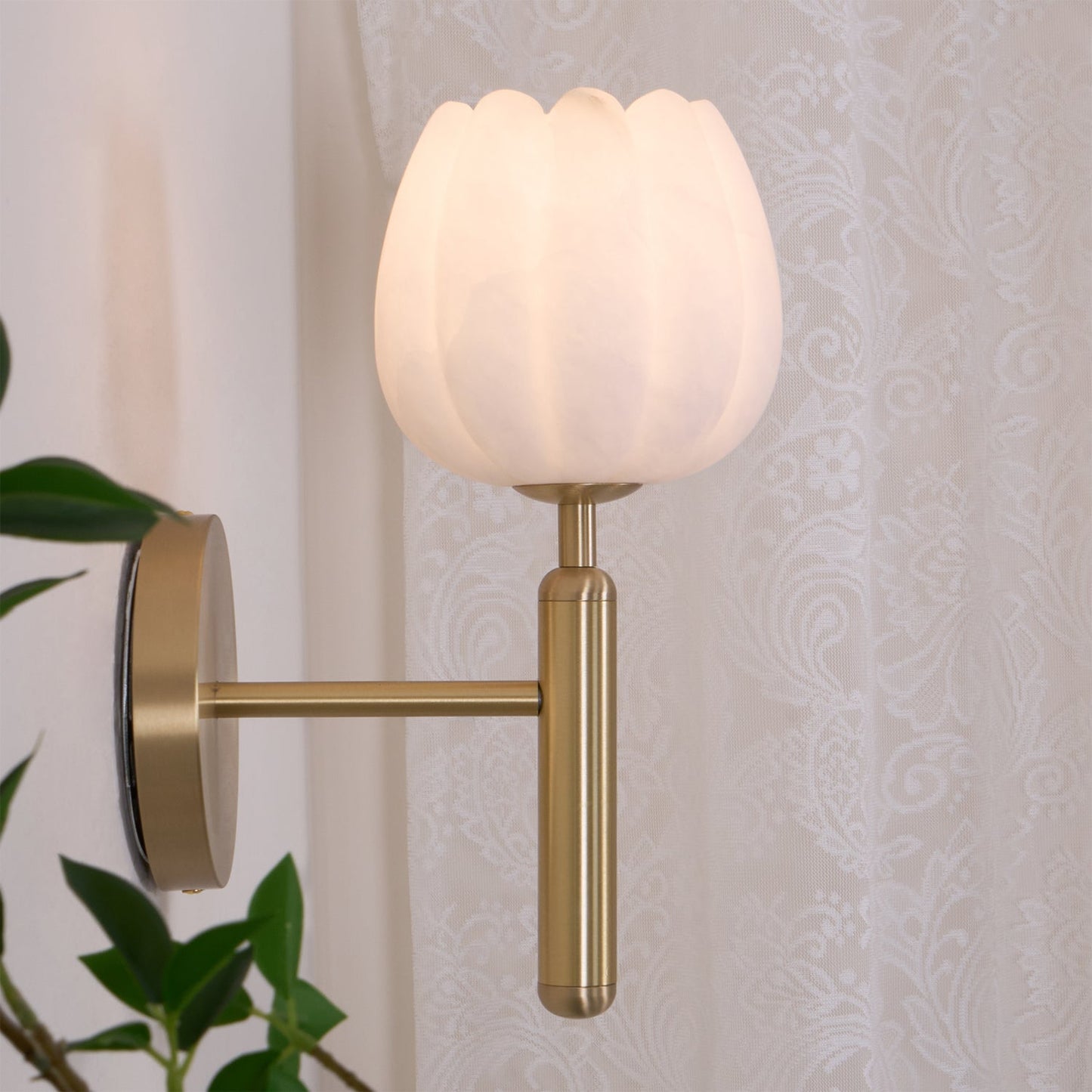 Wall Sconce Lighting | Elegant Brass Design with Alabaster Floral Accents 5
