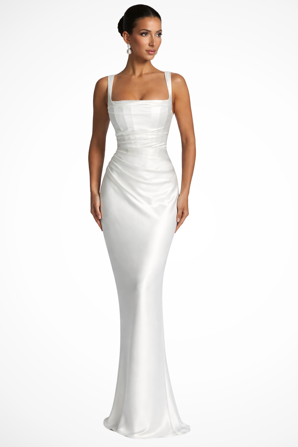 White Satin Maxi Dress | Structured Square Neckline Design 4